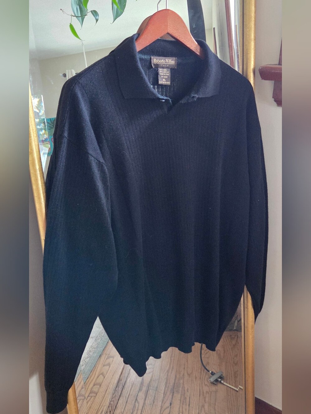Men's Roberto Villini Made In Italy Sweater Wool Button Collar XL Charcoal